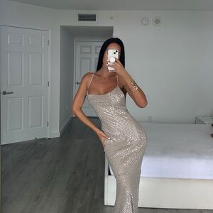 Rinascimento Shimmering Beige Maxi Dress